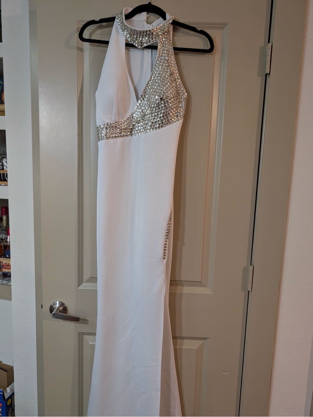 White Evening Gown with Silver Embellished Halter Neck